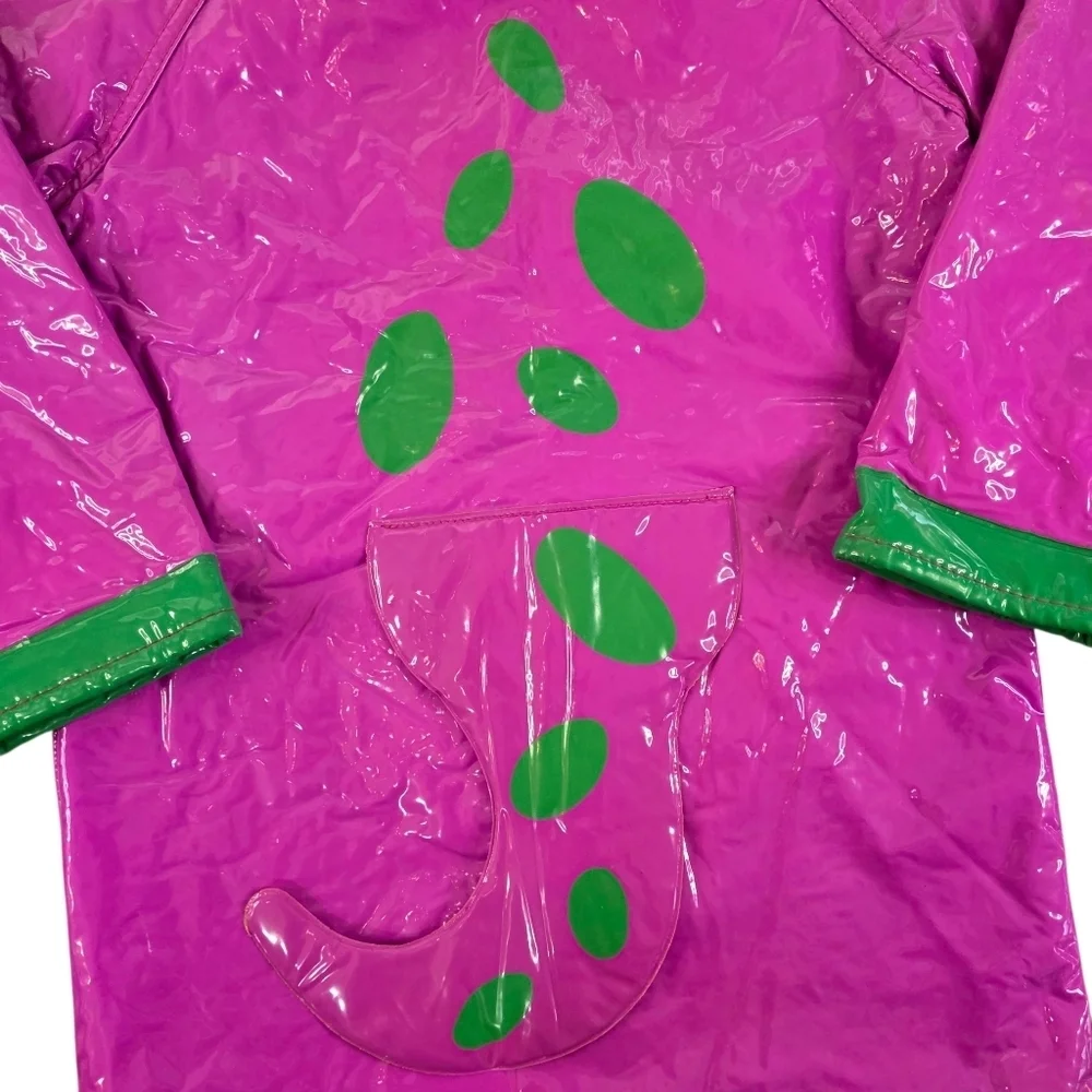 Vintage 90s Barney Dinosaur Kids Raincoat Hooded Purple PVC Jacket Costume